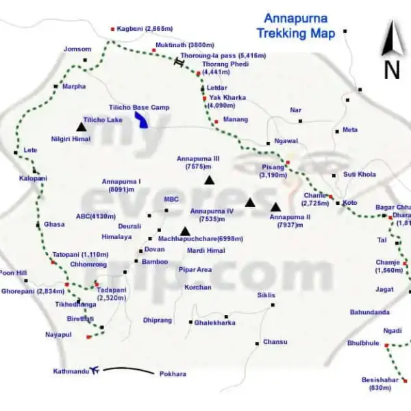 mappa del trekking del circuito dell'Annapurna